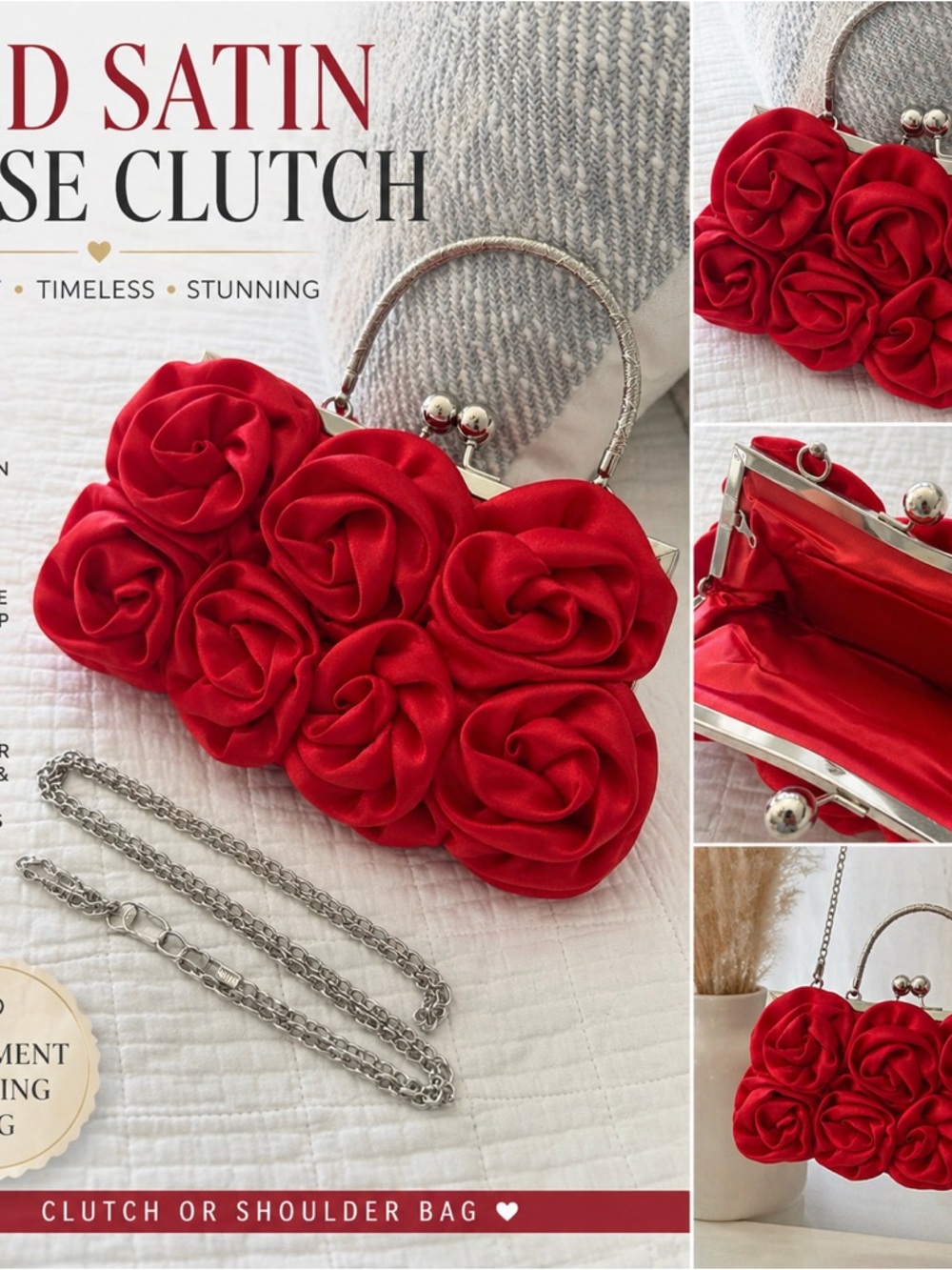 Red Satin Rose Clutch Bag - Elegant Floral Evening Handbag